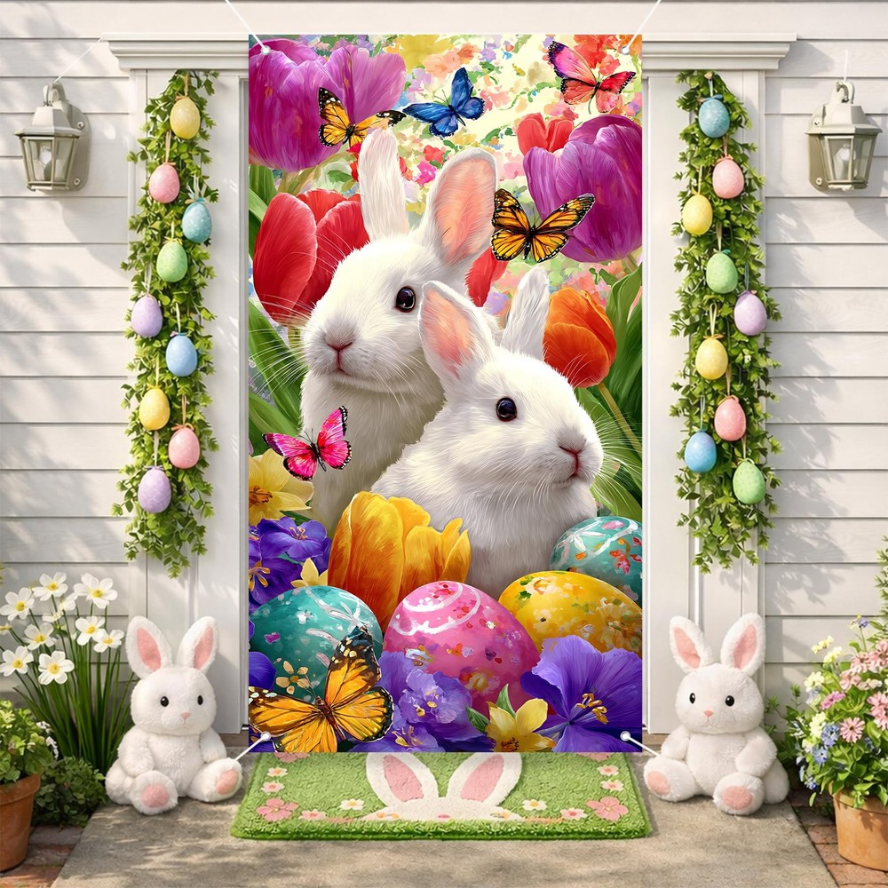 Happy Easter Door Cover Banner 70.87 x 35.43 Inch, Spring Easter Bunny Eggs W…