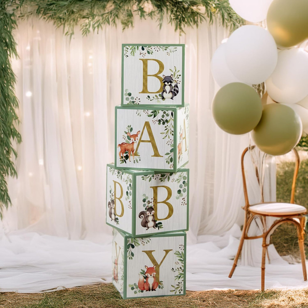 Woodland Baby Boxes with Letters for Baby Shower Decorations, Gender Reveal Deco