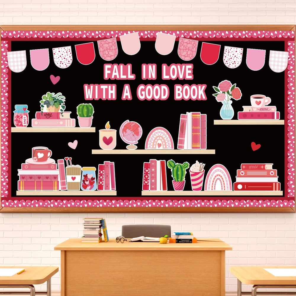 70 PCS Valentines Day Reading Bulletin Board Set Bookshelf Heart Borders