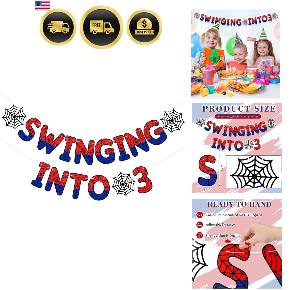 Spider Theme 3rd Birthday Banner, Pre-strung Swinging into 3 Banner, Spider 3…