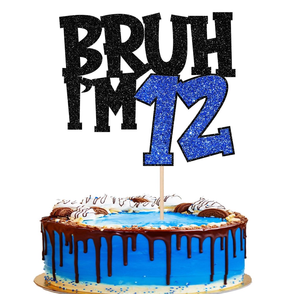 1 PCS Bruh I’m 12 Cake Topper Glitter Happy 12th Birthday Pick Decoration Blue