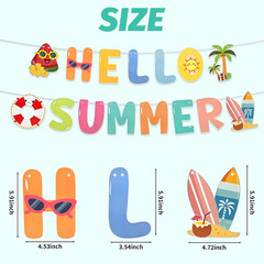 Hello Summer Banner, Colorful Summer Party Decorations with Sun Sunglasses Swimm