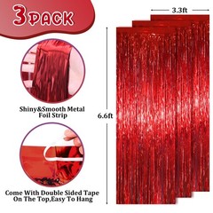 3 PCS Foil Fringe Curtains 3.3×6.6 Ft Red Tinsel Streamers Backdrop Party