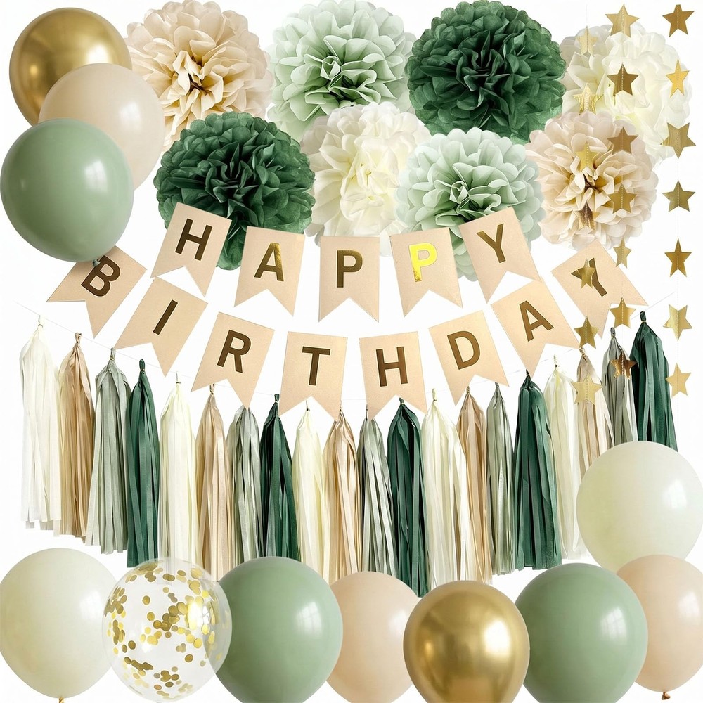 Sage Green Happy Party Decorations Green Nude Ivory Dark Olive Kraft Banner B…