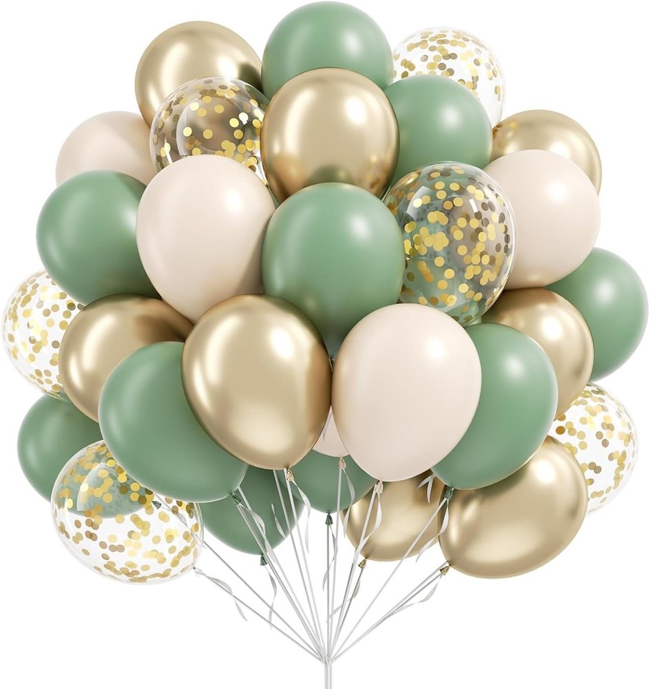 65PCS Sage Green Balloons, 12inch Latex Sage Green Sand White Metallic Gold C…