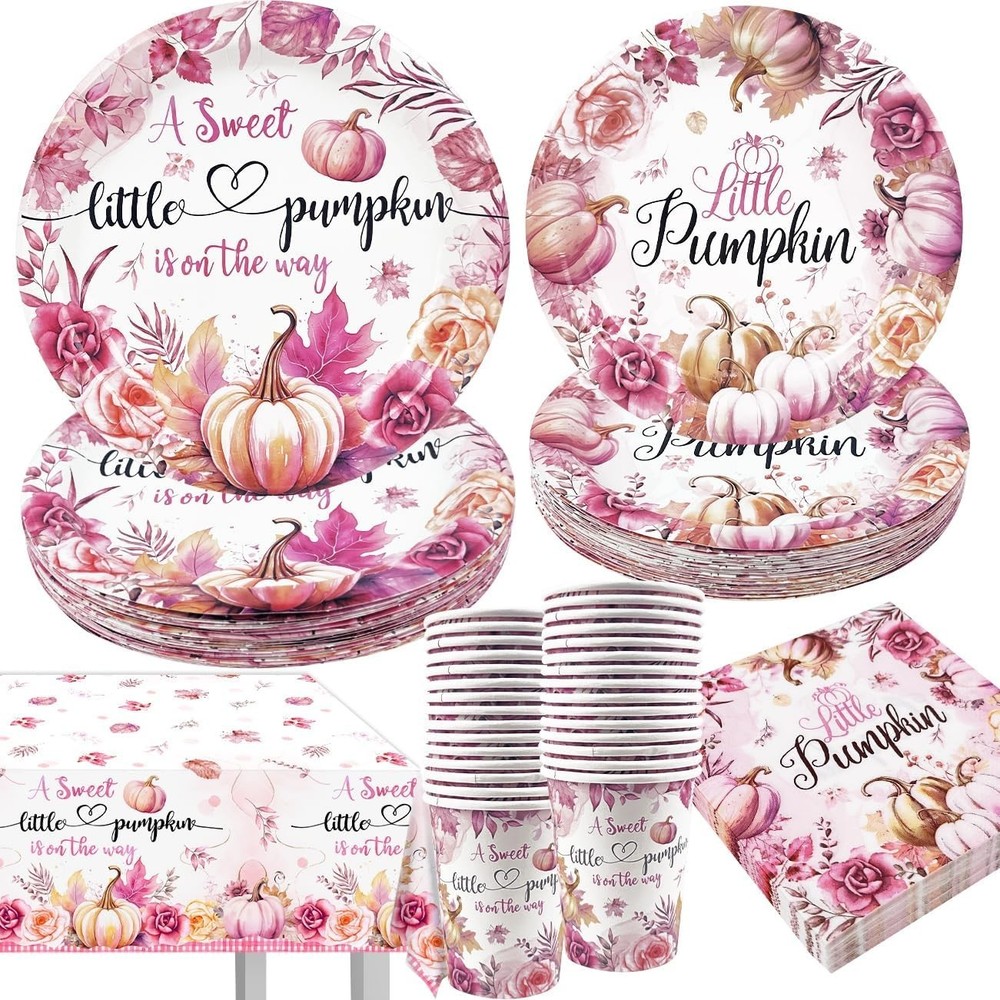 Disposable Tableware Set Serves 30 Guests with Pink Pumpkin Plates Cups Napkins