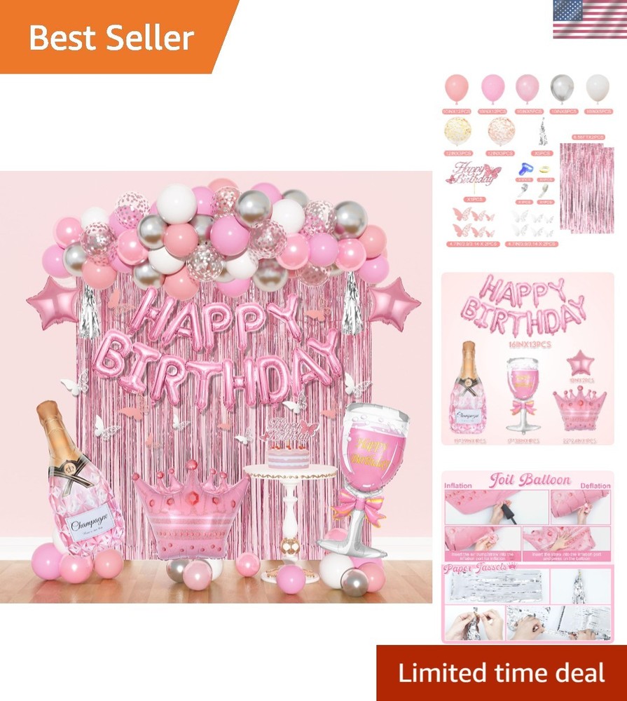 Pink Birthday Party Decorations Kit for Girls Women with Banner Foil Balloons