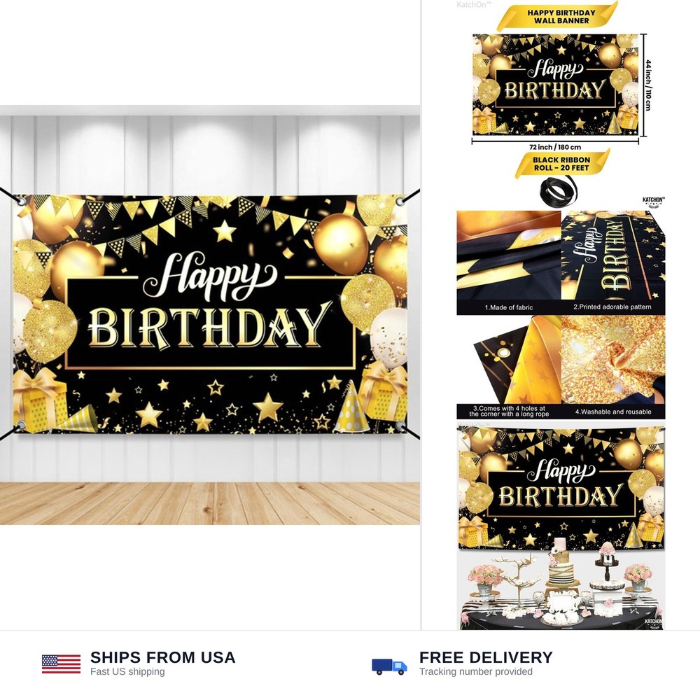 KatchOn, Happy Birthday Banner Black and Gold – Large 72×44 Inch | Happy Birt…