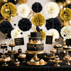 Black and Gold Party Decorations, 16 PCS Tissue Paper Pom Poms Dots Paper Garlan