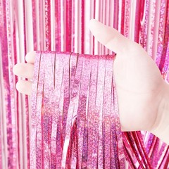 Sparkling Pink Tinsel Fringe Curtains 2 Pack, Foil Streamers Backdrop, Pink