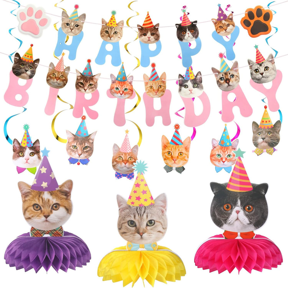 16 Pcs Cat Theme Birthday Party Decorations Party Supplies Kit, Includes Cat Par