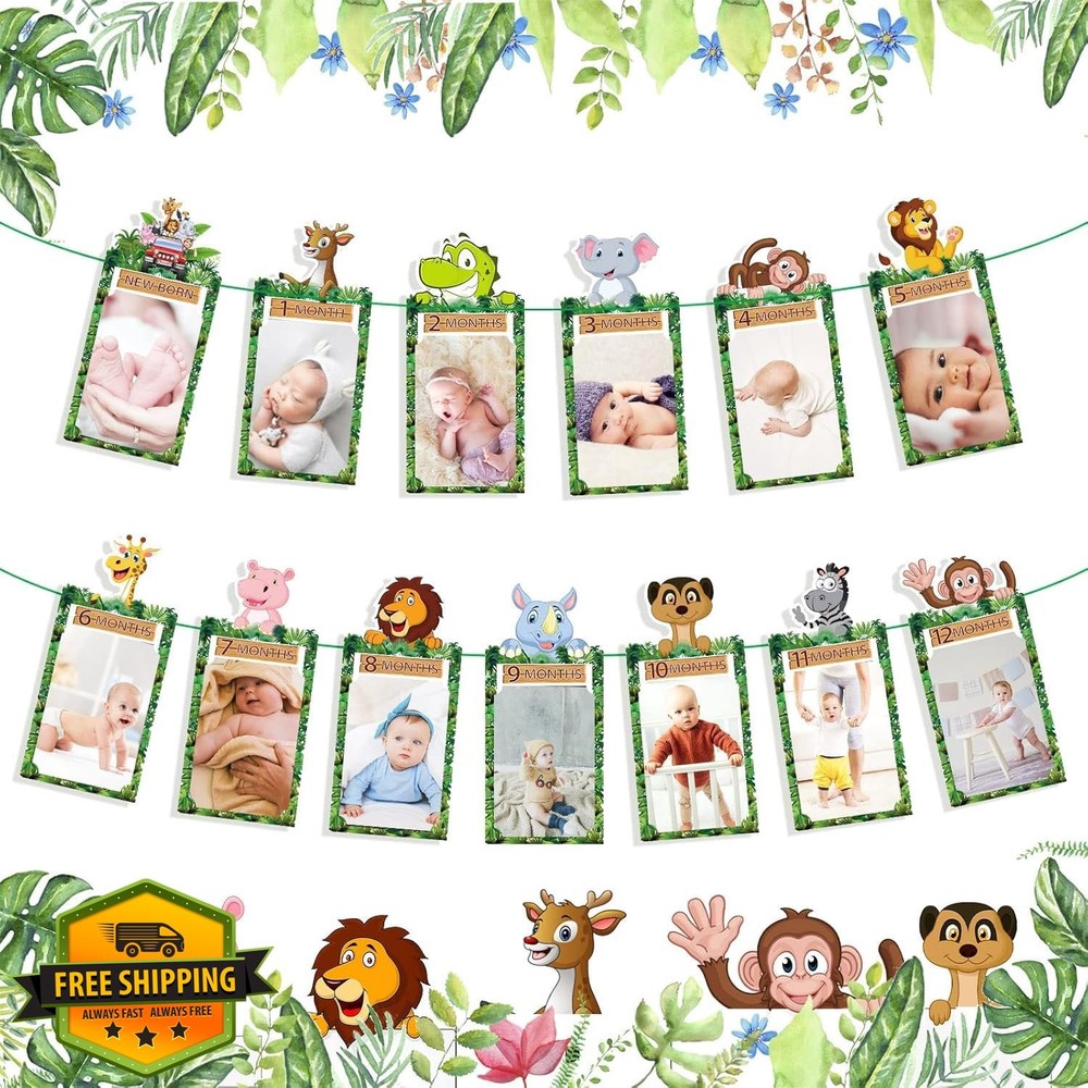 First Birthday Decorations, Safari 1st Birthday Photo Banner, 1-12 Month Phot…