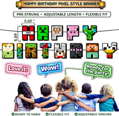 Pixel Birthday Party Decorations, Party Supplies Set Including Banner Tableware