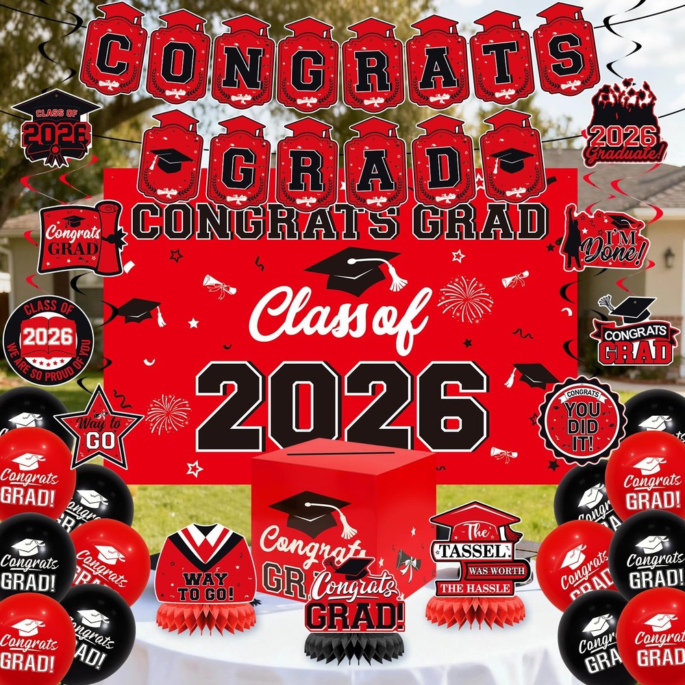 Red and Black Graduation Decorations 2026 – Grad Card Box, Congrats Grad Bann…