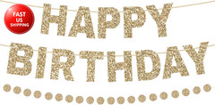 Gold Happy Birthday Banner Pre-Strung Birthday Party Decorations NO DIY Glitter