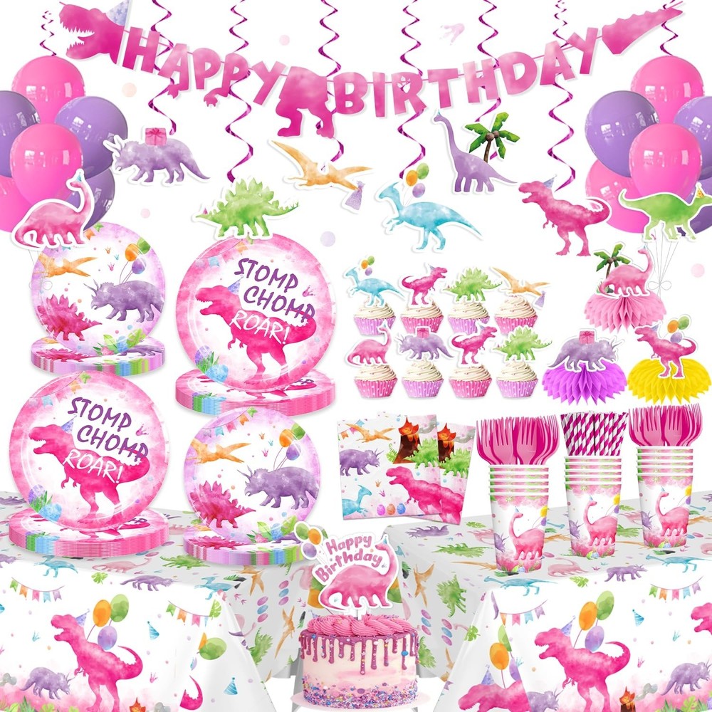 cocomigo 181pcs Pink Dinosaur Birthday Decorations Tableware Set, Watercolor …