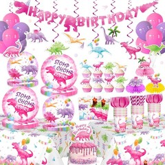 cocomigo 181pcs Pink Dinosaur Birthday Decorations Tableware Set, Watercolor …