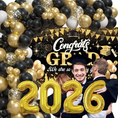 2026 Graduation Party Decorations – Black Gold Balloon Arch Kit & Congrats Grad