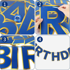 Navy Blue Happy Birthday Banner, Golden Border Happy Birthday Bunting Banner Fla