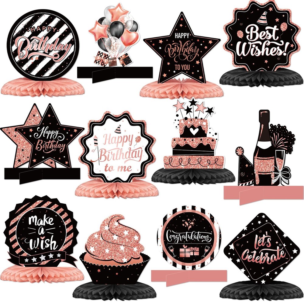 Clabby 12 Pieces Happy Birthday Table Decorations Rose Pink, Black, White