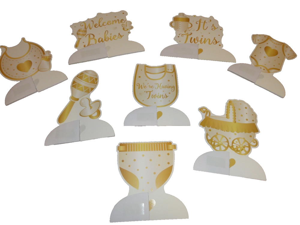 ! NEW SET OF 8 TABLE DECORATIONS FOR A TWIN BABY SHOWER IN GOLD