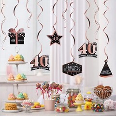 Happy 40th Birthday Decorations 12 Pcs Black Rose Gold Foil Swirls Forty Years