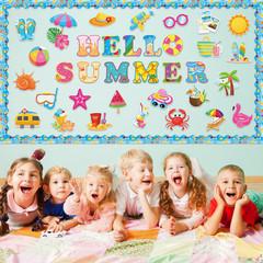 71 Pcs Hello Summer Bulletin Board Set Hawaiian Beach Slippers Sun DIY Borders B