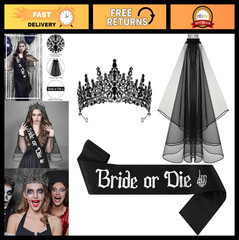 3 Pcs Gothic Bachelorette Party Set – Bride Crown, Veil & Sash for Halloween Wed