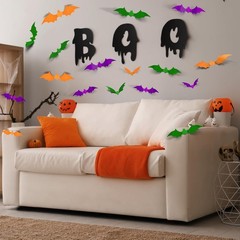 72PCS Halloween Bats Decoration, 4 Sizes PVC Green Orange Purple 3D Stickers