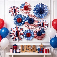 Multi-Sized Patriotic Honeycomb Ornaments for Independence Day – 9 Piece Set