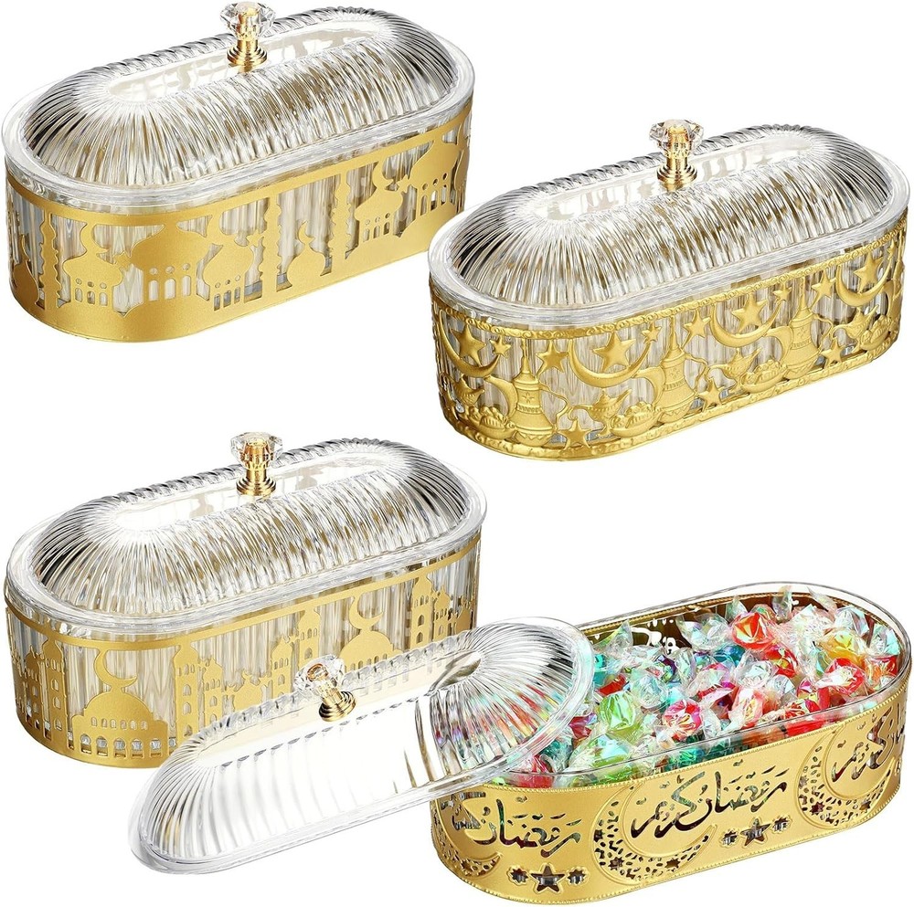 Willinglong 4 Pcs Ramadan Trays with Lid Eid Mubarak Gold Plates Serving Trays