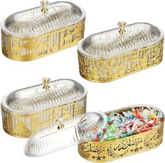 Willinglong 4 Pcs Ramadan Trays with Lid Eid Mubarak Gold Plates Serving Trays