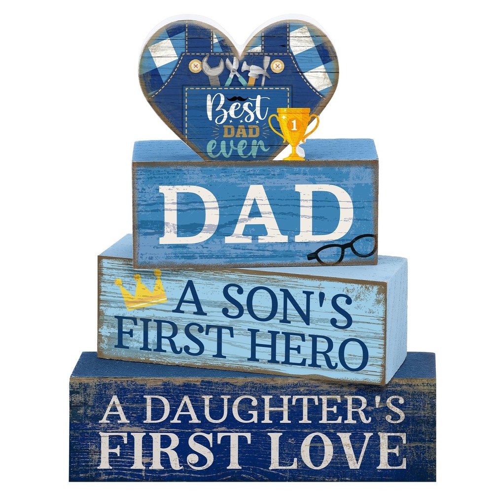 Lineshading 4 Pcs Fathers Day Table Decorations Wooden Blue Heart Trophy Deco…