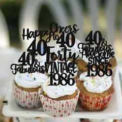 Rsstarxi 24 Pack Vintage 1986 Cupcake Toppers Black Glitter Happy 40th Birthd…