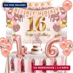 16th Birthday Decorations for Girls, 16Pcs Pink Rose Gold Happy 16th Birthday Ba