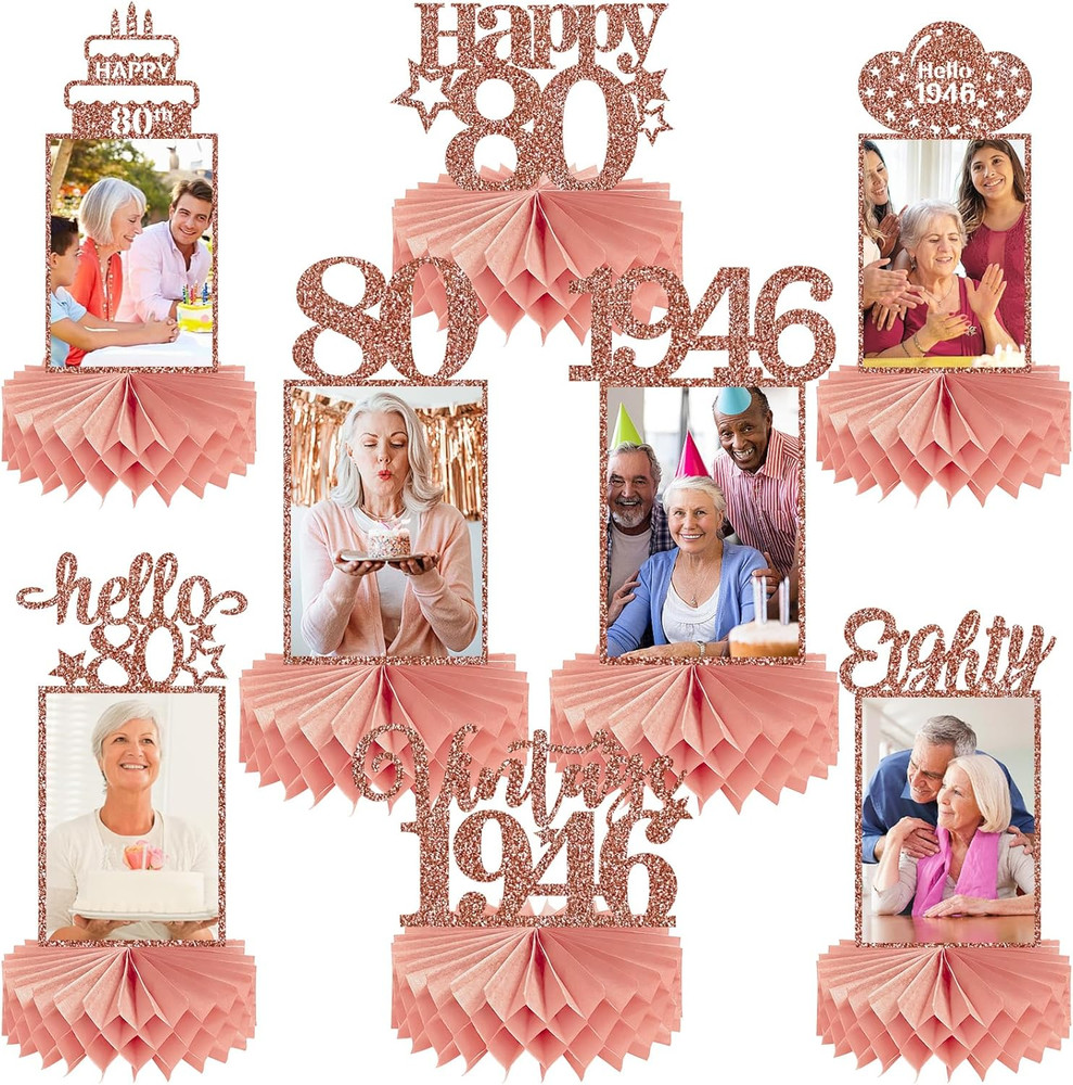 8Pcs 80Th Birthday Decorations Honeycomb Centerpieces for Womens, Pink Rose Gold