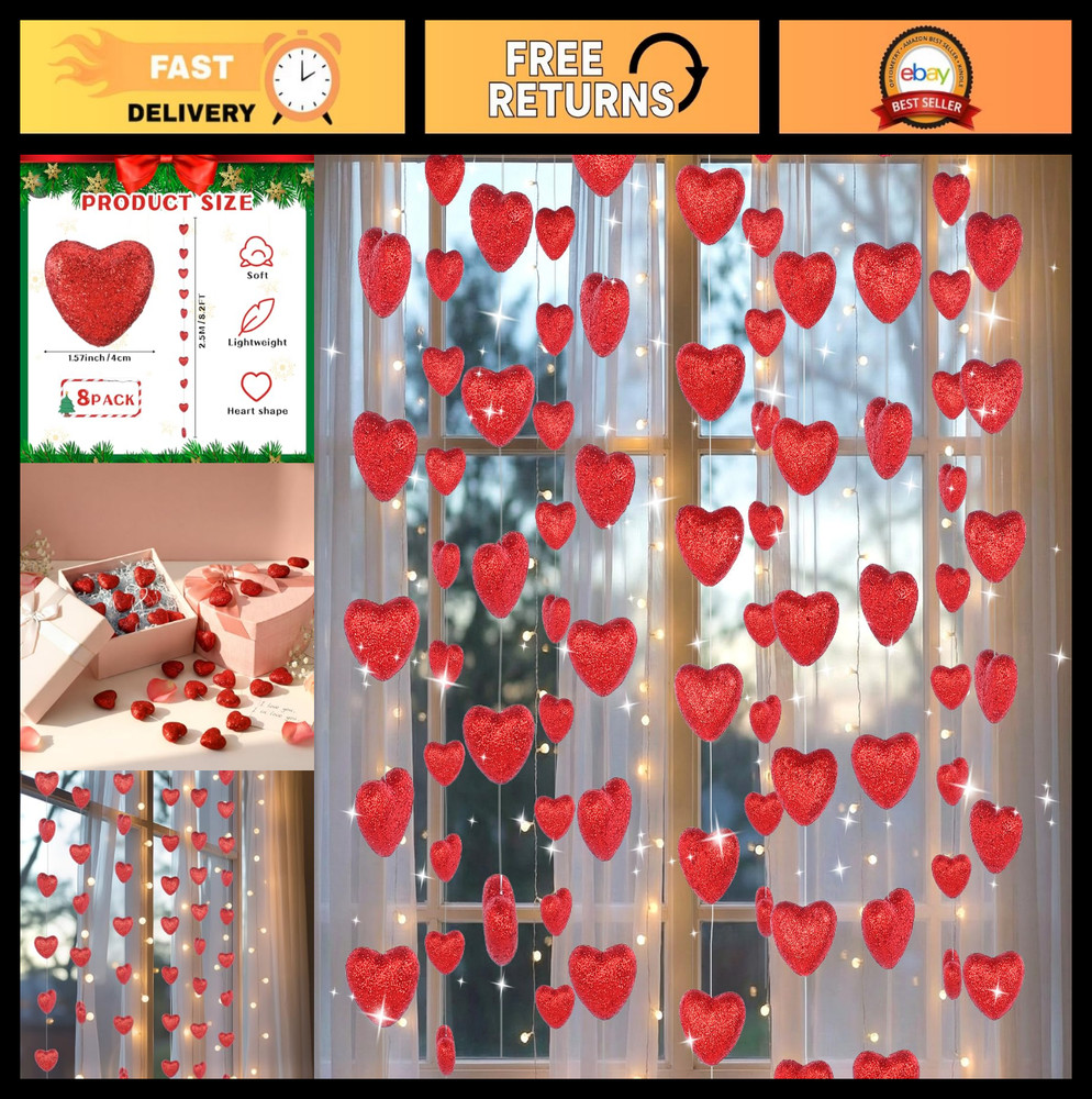 8 Pcs 8.2ft Valentine’s Day Decorations – 80 Pcs 3D Glitter Heart Garland, Roman