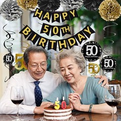 Classy 50th Birthday Celebrations: Black & Gold Banner & Hanging Swirls Ensemble