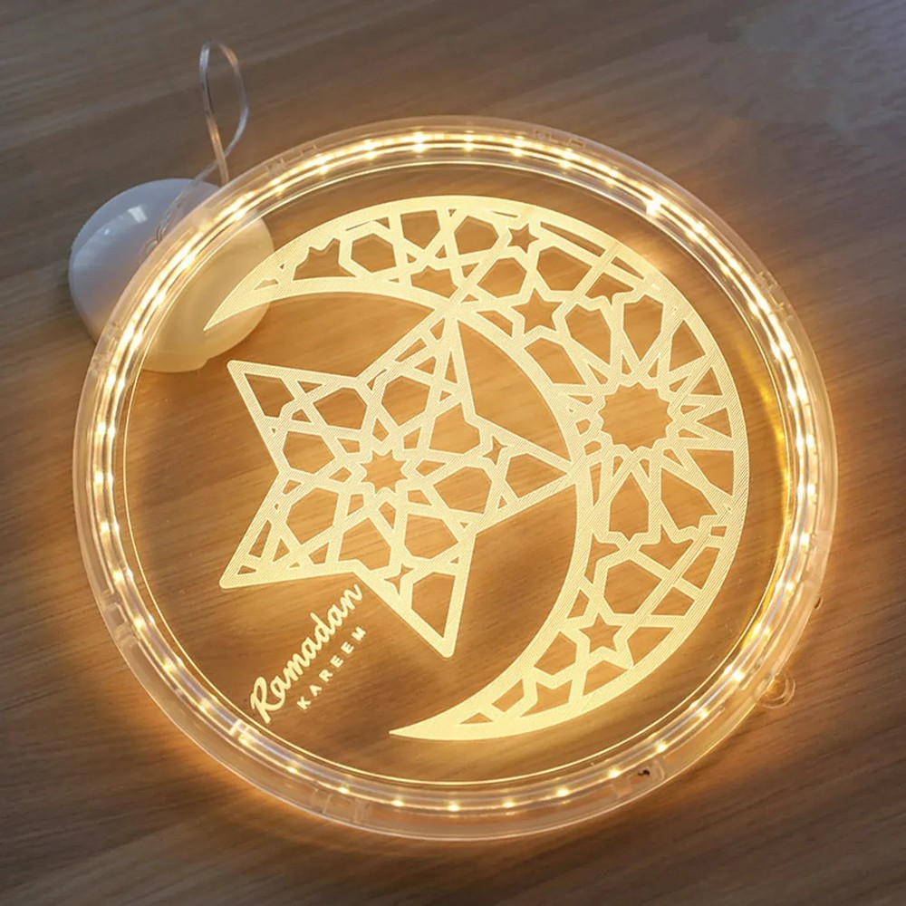 Ramadan Kareem Eid Mubarak Decoration LED Round Light Moon Islam Muslim Hang 8in
