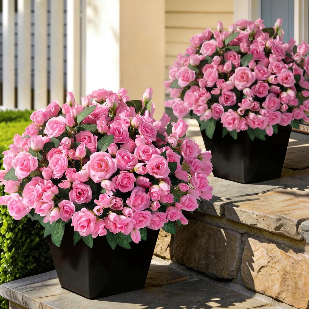8 Bundles Artificial Roses for Front Door Outdoor Decor, 17 in, Pink