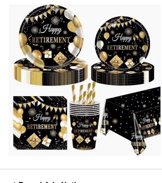 108pc Black Gold Happy Retirement Party Decoración Back Drop Tableware Serves 16