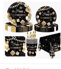 108pc Black Gold Happy Retirement Party Decoración Back Drop Tableware Serves 16