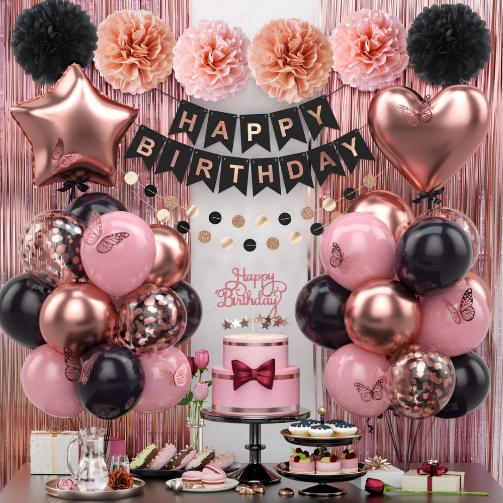 Rose Gold Black Birthday Party Decorations 12INCH Black Pink Rose Confetti Ba…