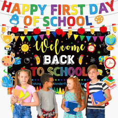 Back to School Decorations Set, NO-DIY Glitter Happy First Day of School Banner,