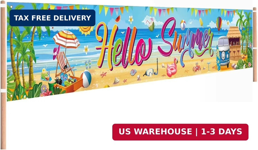 Hello Summer Banner, 118 x 20 Inch Beach Pool Hawaiian Luau Party Decorations fo