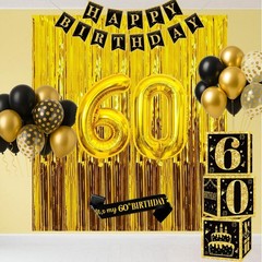 60th Birthday Decorations for Men Women, 50pcs Black and Gold Party Decoratio…