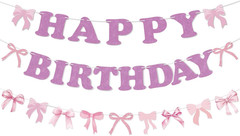 3 Pack Bow Happy Birthday Banner Glitter Pink Party Garland Decorations Set