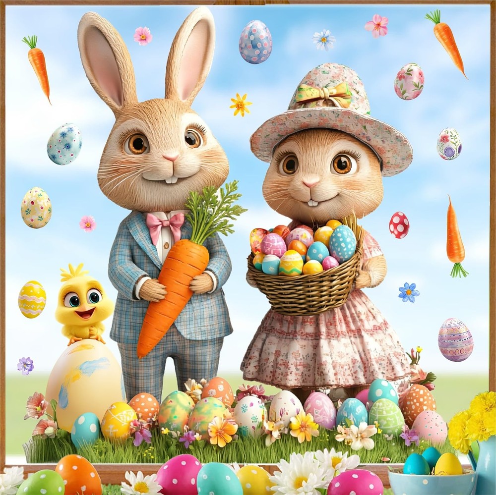 Large Easter Window Decoration Clings Double-Sided Bunny Decals Home Indoor Deco