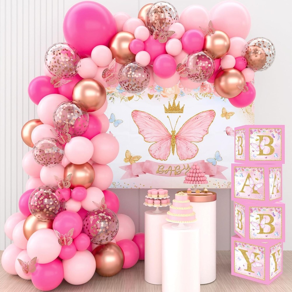 Pink Butterfly Baby Shower Decorations for Girl，Pink Balloon Garland Arch Kit…