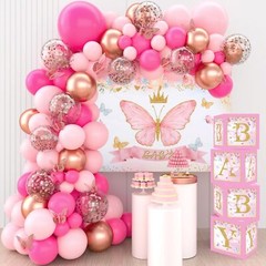 Pink Butterfly Baby Shower Decorations for Girl，Pink Balloon Garland Arch Kit…